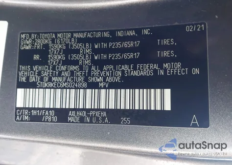 2021 Toyota Sienna Le z USA, uszkodzony, nr VIN 5TDKRKEC6MS024898